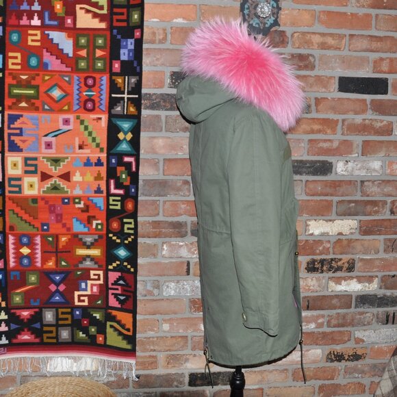 Green Parka Pink Raccoon Fur Trim, Faux Fur Lining M - Picture 6 of 14